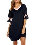 Ekouaer Women's Nightgown Cotton Sleep Shirt V Neck Short Sleeve Loose Comfy Pajama Sleepwear,Navy Blue,XL