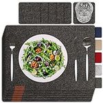 Sølmo Premium Felt Placemats Set of 6 Gray Washable, Placemat 16x13 inch Wipeable, Felt Coasters Place Mats Coasters Plates + Glass Coasters, Suitable for Wooden Tables, Dark Stone.