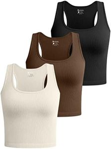 OQQ Women's 3 Piece Crop Tank Tops Ribbed Seamless Workout Exercise Shirts Yoga Basic Racerback Crop Tops, Black Coffee Beige, Medium