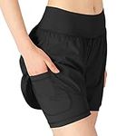 donhobo Womens Running Gym 2 in 1 Sports Shorts with Pockets,Breathable Quick Dry Fitness Shorts for Workout Training Yoga Jogging Pilates Black L