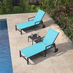 PURPLE LEAF 2 Pieces Outdoor Chaise Lounge Aluminum Patio Lounge Chair with Wheels and Armrests Outdoor Lounge Recliner Chair for Pool Backyard Beach Turquoise Blue