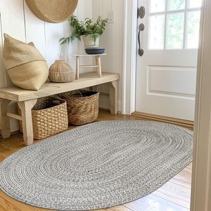Super Area Rugs Gray/Ivory Braided Rug - Entryway/Front Door Rug - 4x6 ft Indoor Outdoor Farmhouse Braided Rug