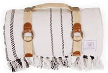 PICNIC TIME Montecito Picnic Blanket with Harness, Outdoor Blanket, Beach Blanket, (White & Blue Stripe)