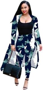 Max2co Women 2 Piece Outfits Floral Long Sleeves Open Front Cardigan Cover up with Leggings High Waist Long Pants Set Blue Feather M