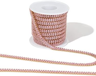 YoungJewl 1 Yards Zircon Crystal Rhinestones Close Chain Rectangle Beaded Trim for Sewing Craft DIY Decoration（5X2.5MM Pink）