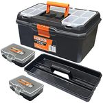 BOLTWORK Tool Box 16inch x 1 Plastic Chest Case Organizer with Removable Tray & 2 x 8 Compartment Organizers, 3 pc set Quality Plastic for D.I.Y, Household & Professional Use. 1% Donated to Hospital