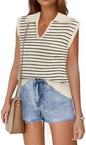 ZESICA Womens Summer Striped Sweater Vest Cap Sleeve V Neck Pullover Tank Tops Sleeveless Fashion Clothes 2024, Beige