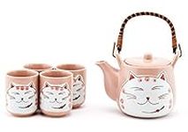 Happy Sales HSTS-LKFCPK, Japanese Style Lucky Cat Fortune Cat Maneki Neko Porcelain Tea Set Teapot with Strainer, Rattan Handle and 4 Tea Cups, Pink