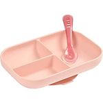 Beaba - Baby Suction Plate - Silicone Divided Plate with Suction Cup + Silicone Spoon - Sticks to the Table/Highchair tray - Microwave Safe - Toddler Meal Set - Pink