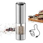 CIRCLE JOY Electric Pepper Grinder, USB Rechargeable Pepper Mill with Washable 95ml Container, White LED Light and Adjustable Coarseness, Stainless Steel