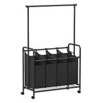 SONGMICS 4-Section Laundry Sorter, Rolling Laundry Cart with Hanging Bar, Heavy-Duty, Black URLS44B