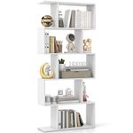 CASART 5/6 Tier Wooden Bookcase, Free Standing Shelving Stand Rack, S-Shaped Bookshelf Storage Display Unit (White,70 x 24 x 158cm)