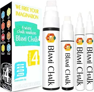 Blami Arts Drawing White Chalk Markers 4 Pack - Reversible Fine and Jumbo Tips 16mm - 10mm - 6mm - 3mm - Chalkboard Pens for Bistro Glass Windows, Office School Supplies - Eraser Sponge Included