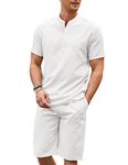 COOFANDY Men's 2 Pieces Linen Set Casual Henley Shirts Short Sleeve Beach Yoga Shorts Summer Pants Outfi