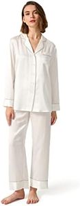 LilySilk Women's Silk Pajamas Set Rhinestone Trimmed Long Sleeve Sleepwear 100% Silk Button Down Loungewear Pjs Set, Natural White M