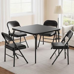 Folding Portable Card Table and Foldable Chair Set of 3, Pu Upholstered Foldable Chairs and Table With Metal Frame, Folding Table and Chair Suitable for Dining Room, Living Room, Office, Camping-Balck