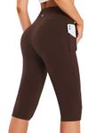 BALEAF Women's Yoga Compression Capris with Pockets Knee Length Leggings High Waisted Petite Workout Exercise Capris for Casual Summer Dark Brown L