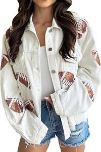 SeekMe Women's Cropped Corduroy Jacket Football Sequin Patched Short Button Raw Hem Jacket Coat(1756-White-M-FY)