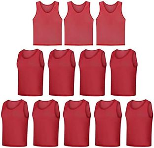 LTHYTY 12 Pack Scrimmage Vest/Team Training Jerseys/Sports Pinnies/Practice Jerseys/Soccer Bibs with Carry Bag, Red, L