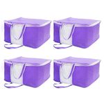 Yellow Weaves Non Woven Self-Embossed Dsign Underbed Storage Organizer/Blanket Cover Bag with Transparent Window and Handles for Blankets, Quilts, Comforters, Pack of 4, Purple color