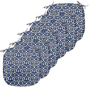 Lunarable Orient Chair Seating Cushion Set of 6, Traditional Floral Arrangement Architecture Elements Ceramic Design, Seat Pads for Office with Anti-Slip Backing, 16"x16", Indigo Blue White