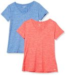 Amazon Essentials Women's Tech Stretch Short-Sleeved V-Neck T-Shirt (Available in Plus Sizes), Pack of 2, Coral Orange Space Dye/Light Blue Space Dye, M