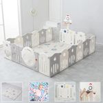 House of Quirk Baby Playpen Foldable & Sturdy Safety Play Yard for Babies and Toddlers with Balls and Mat Indoor/Outdoor Baby Gate Playpen with Activity Wall 34 Square Feet (16 Panel, Grey Space)