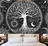 Tree of Life Tapestry Black Sun and Moon Wall Hanging Tapestry Galaxy Stars Spiritual Wall Tapestries for Bedroom Dorm Living Room Decor (H60 x W82 inches, Black and White)