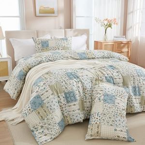 Cozaline Blue Floral Duvet Cover Set Twin Size 100% Cotton Botanical Patchwork Vintage Bedding Quilt Cover All Season 2 Pieces Soft Lightweight Comforter Cover(Blue Patchwork, Twin)