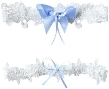 Baillmyy Garters for Bride Women, Blue Wedding Bridal Garters for Bride with Bow Pearl, Stretchy Bridal Thigh Garter Belt for Wedding Dresses Accessories Blue
