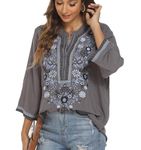 Higustar Mexican Embroidered Shirts for Women Bohemian Floral Peasant 3/4 Sleeves Tops Summer Boho Tradition Tunic Blouses, Grey-372, XX-Large