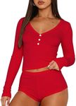 Cioatin Women 2 Piece Ribbed Knit Pajama Set Long Sleeve Button Crop Top and Shorts Lounge Sweatsuits Sleepwear PJ Set, Red, Medium