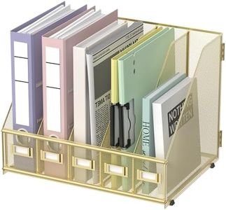 SUPEASY Desk Organizers Metal Desk Magazine File Holder with 5 Vertical Compartments Rack File Organizer for Office Desktop, Home Workspace, Gold Plus