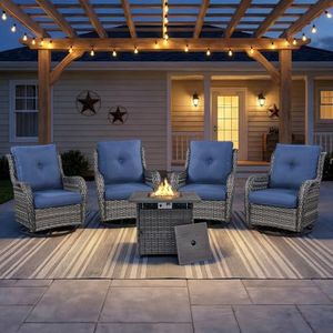 Opohoro Wicker Patio Furniture Set- 4 Pieces Outdoor Swivel Rocker Chairs with 50,000 BTU Fire Pit Table,PE Rattan Outdoor Conversation Set for Garden Porch Deck
