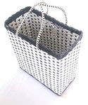 Sonas Creation Paperus, SMALL, COMPACT, White & Grey Lunch Bag, Carry Bag, Shopping Bag, Handbag, Tiffin Bag, Eco-friendly, Handmade, of Paper Ropes 11 In Tall 10 In Length 5 In Wide Base