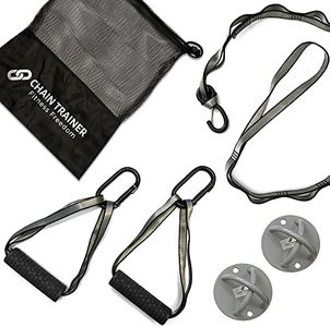 Chain Trainer Advanced - Suspension Trainer - Portable Home Gym - Bodyweight Resistance Multi-functional Workout Equipment 2 Nylon Chain Straps, 2 Ergonomic Handles with Carabiners, 2 Ceiling Anchors, 1 Door Anchor, 1 Mesh Drawstring Travel Bag, Silver