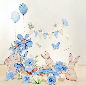 30pcs Watercolor Hand Painted Big decor Cutout|Standee Blue Rabbit Flower Foma Board Cutout |Customzied Baby Shower Birtday Table Decor |Name Sign Enchanted Party Backdrop