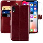 MONASAYWallet Case Fit for iPhone X,6.1-inch,[Glass Screen Protector Included] Flip Folio Leather Cell Phone Cover with Credit Card Holder Fit for Apple iPhone XR, Burgundy