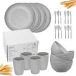 24pc Wheat Straw Dinnerware Sets for 4 Lightweight & Unbreakable Dishes Microwave & Dishwasher Safe Perfect for Camping, Picnic, RV, Dorm Plates, Cups and Bowls (Gray, 24pc Set)