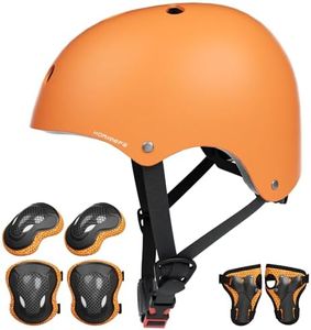 KORIMEFA Set di Casco Protezione Bambini Casco Bici, Ginocchiere, Gomitiere e Protezione Polso per Bambini da 3-13 Anni, Casco per Hoverboard, Scooter, Pattini, BMX e Bicicletta (Arancione, M)