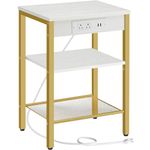 HOOBRO Nightstand with Charging Station and USB Ports, 3-Tier End Table with Adjustable Shelves, Side Table for Small Space Living Room, Bedroom and Balcony, Modern Style, Gold and White DW112BZ01G1