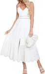 BerryGo Women's Embroidery Pearl Button Down Dress V Neck Spaghetti Strap Maxi Dress, A-White, 12