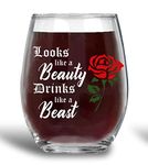 Looks like a Beauty and Drinks Like a Beast 15oz Stemless Wine Glass Funny for Birthday Graduation, Wine Cup for Women Girls Sister, Best Friends BFF, Girlfriend, Wife, Mom Girls, Female, Coworkers