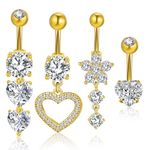 ViEinkaufen 4Pcs Gold Belly Button Ring Stainless Steel 10mm Belly Button Bars Heart Flower Dangly Belly Button Piercing for Women Navel Button Rings Jewelry