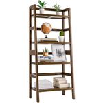 HITNET Ladder Bookcase, 4-Tier Leaning Bookshelf, Bamboo Open Display Storage Rack Shelves, Flower Plant Stand, Space Saving Small Book Shelf, Walnut