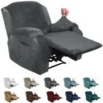 MAXIJIN Oversized Recliner Chair Covers Velvet Plush 4 Piece Stretch Recliners Covers for Large Recliner Slipcovers Soft Washable Reclining Protector with Side Pocket (XL Recliner, Grey)