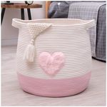 Volhouim Large Woven Storage Basket,17.7"x16.9" Cotton Rope Basket, Laundry and Blanket Organizer Basket, Basket for Toy, Nursery Containers Basket with Handle (Pink Heart) (Pink with Heart)