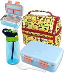 kinsho Stainless Steel Bento Box for Toddler Boys, Insulated Lunch Bag and Water Bottle Set for Toddlers. Snack Container for Small Kids, Baby Daycare or Pre-School Lunches, Blue Yellow Trucks