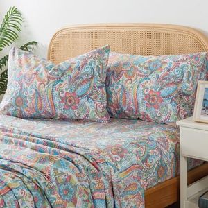 Zusbest California King Floral Sheets 100% Cotton Pink Green Paisley Bed Sheet Set Watercolor Bedding Luxury Soft Breathable Crispy Cooling Percale Sheets 17.5'' Deep Pocket Sheets Cal King, 4 Pieces