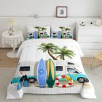 Ocean Beach Down Comforter King Size, Cartoon Surfboard Bus Bedding Set, Palm Trees Comforter Set for Kids Boys Girls Teens, Tropical Coastal Summer Holiday Duvet Insert Bedroom Decor